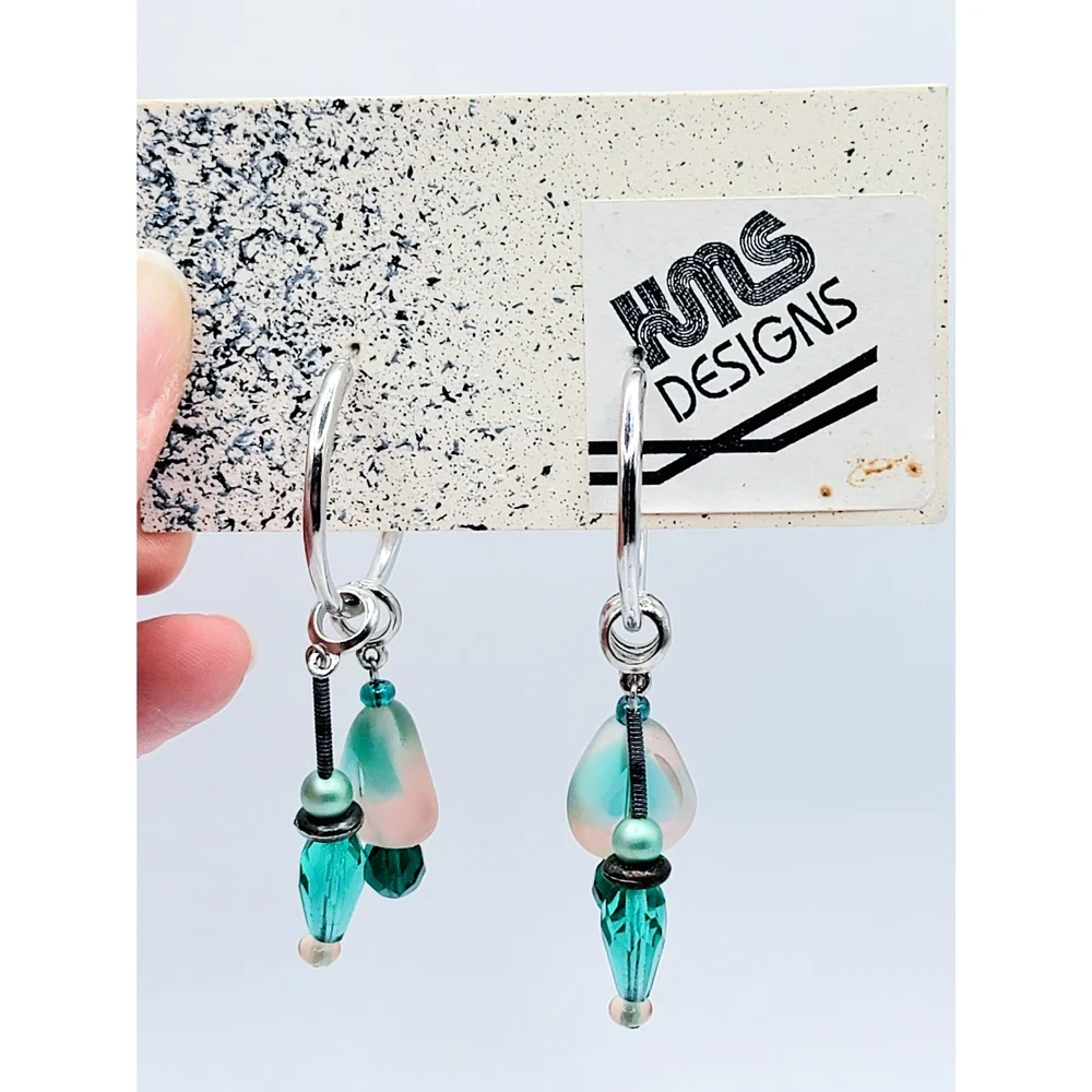 HMS Designs Czech Glass Beaded Hoop Dangle Earrings Vintage